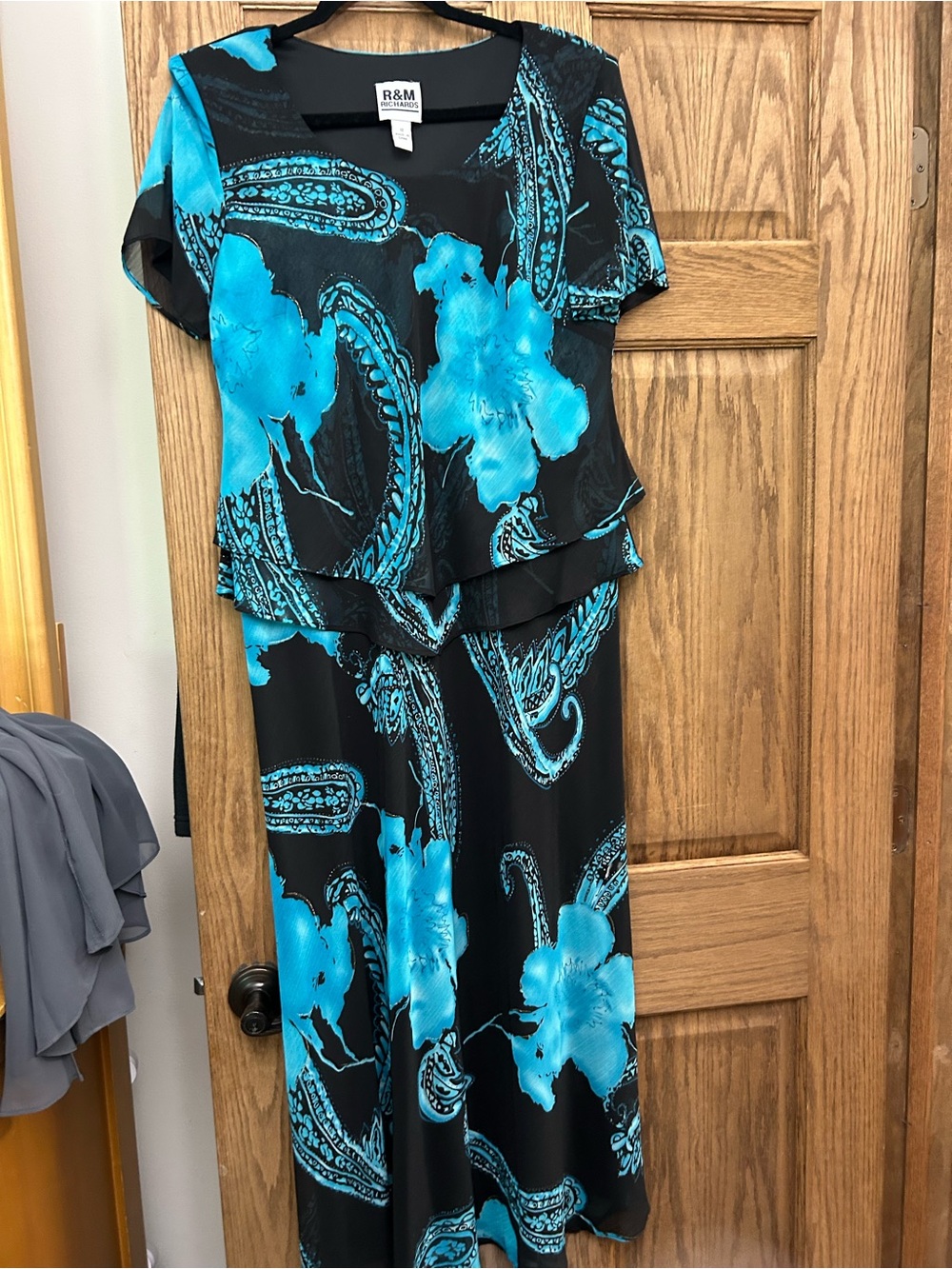 R&M Richards Black Dress with Turquoise Floral Print